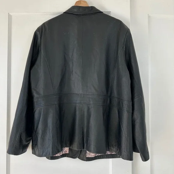 Vintage Covington Woman Black Genuine Leather Blazer Jacket Paisley Lining L-XL - Picture 4 of 8
